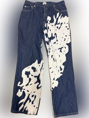 Vintage Y2K Sean Jean Dark Blue Denim Pants White Abstract Paint Design | Sz 34